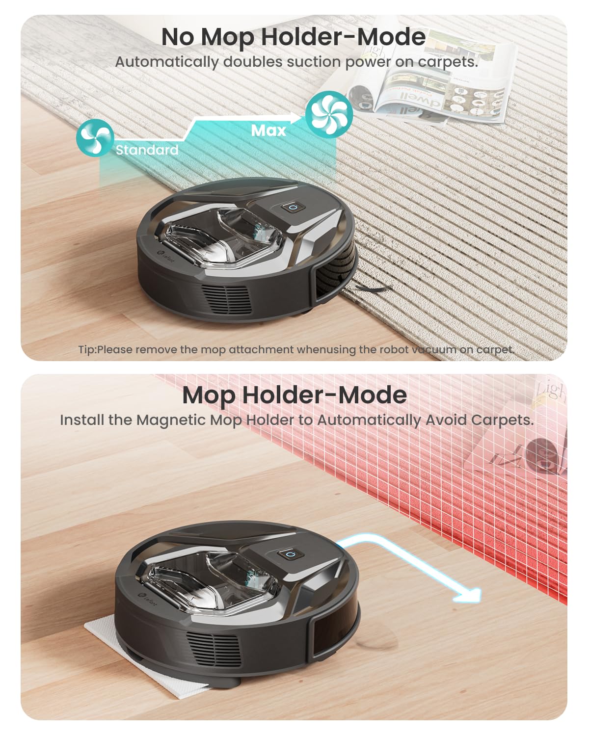 Lefant M320 Robot Vacuum Cleaner, Carpet Detection, 6,000 Pa Suction, Low Noise, 800ml Visible Dustbin, 210 Mins Runtime, Self-Charging, Works with Alexa, Ideal for Hard Floor, Pet Hair, Black