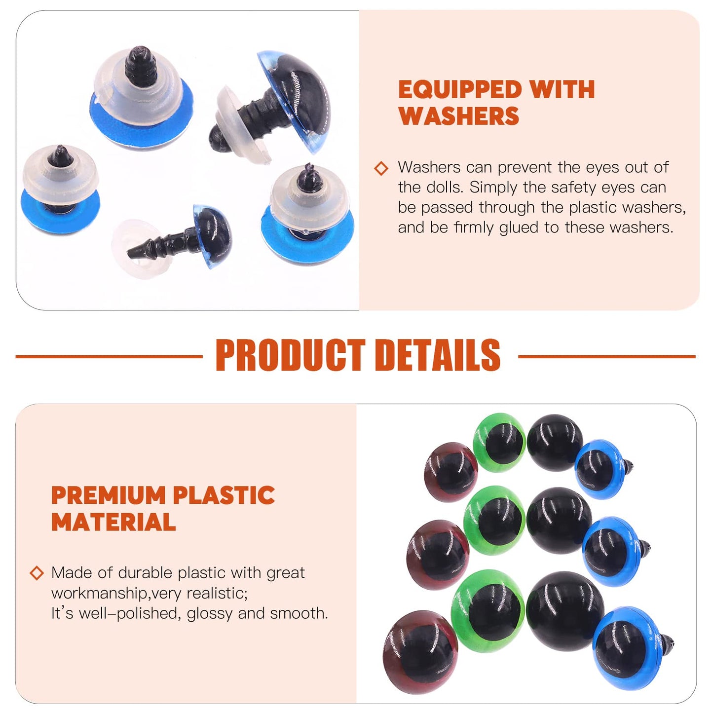 Tanstic 224Pcs Plastic Safety Eyes with Washers 4 Color Craft Doll Eyes for Doll Animal Crafts, Stuffed Crochet Animals (10mm, 12mm, 14mm, 16mm, 18mm)
