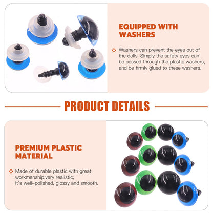 Tanstic 224Pcs Plastic Safety Eyes with Washers 4 Color Craft Doll Eyes for Doll Animal Crafts, Stuffed Crochet Animals (10mm, 12mm, 14mm, 16mm, 18mm)