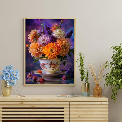 PUAGEMTI Flowers in Tea Cup Diamond Art Kits for Adults, Flower Diamond Painting Kits DIY 5D Full Round Drill Art Home Wall Decor Gift 12x16 INCH