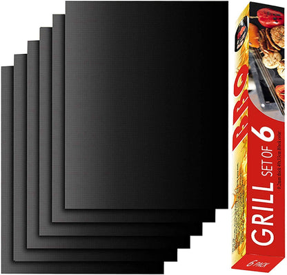 Renook Grill Mat Set of 6-100% Non-Stick Reusable Mats for Gas, Charcoal or Electric Grills - Easy to Clean - 15.75 x 13-Inch, Black