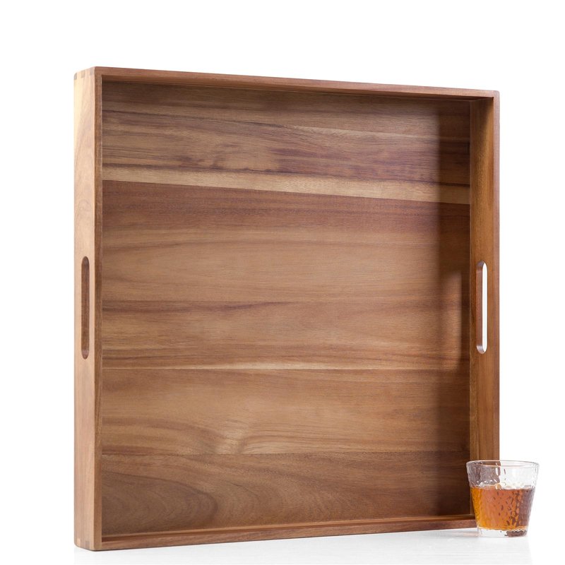 Extra Large Square Wood Tray, Generously 22" Acacia Serving Trays for Large Ottoman Coffee Table, Giant Square Shape Sofa Tray with Handles, Kitchen Organizer Storage Trays Huge Counter Serveware