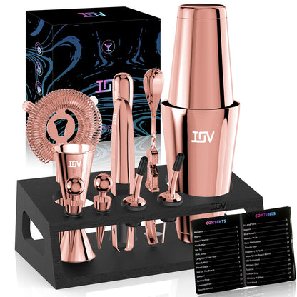 IOV Cocktail Shaker Set: 12-Piece Mixology Bartender Kit Bar Set | 16oz & 28oz Boston Shaker Drink Mixing Tools for Home with Recipe Booklet and Stand | Fun Housewarming Gift (Rose Gold)