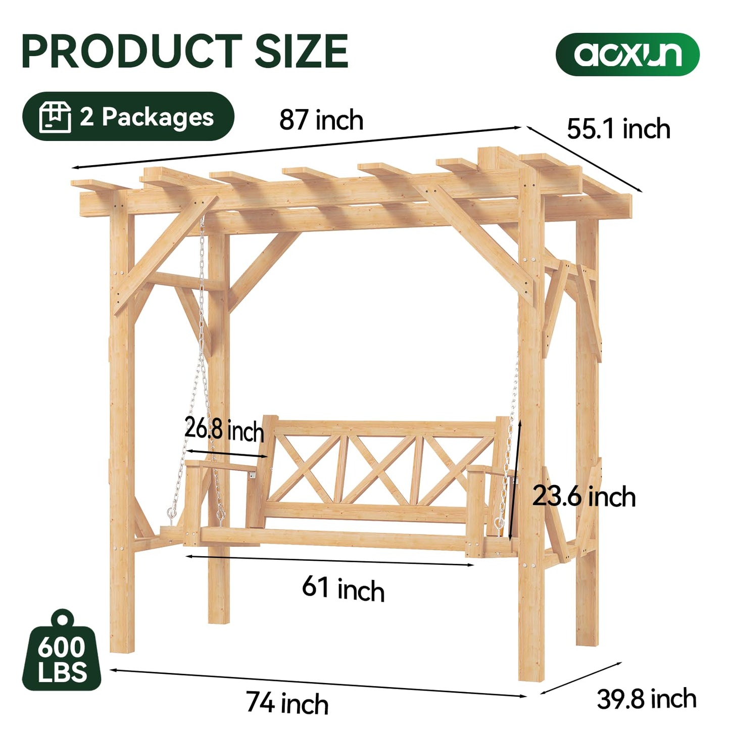 Aoxun Cedar Wood Outdoor Pergola Swing Bench, Porch Swing with Stand, 3-Seat Hammock Patio Swing Set with Canopy，Metal Chains for Backyard, Garden, Natural