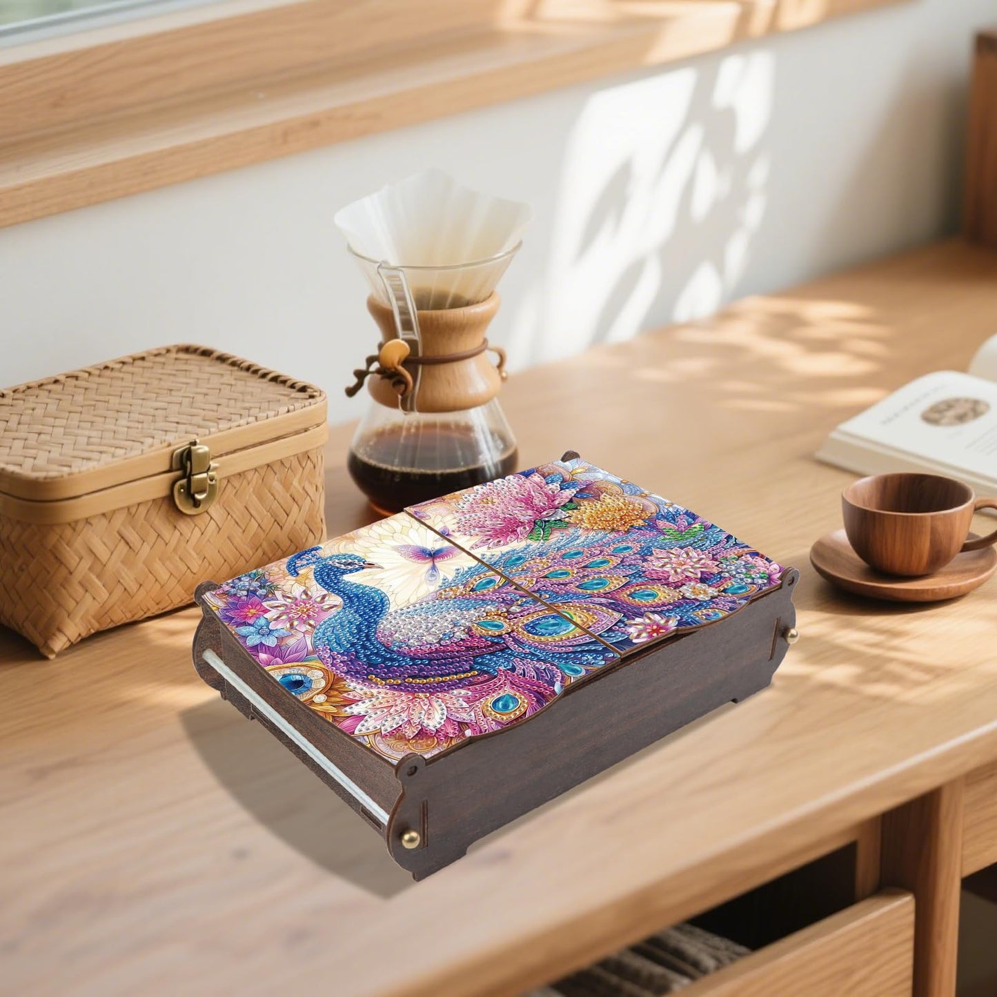 JZHYOAN Diamond Painting Wooden Storage Box Diamond Painting Handmade Art Desktop Decoration Kits, DIY Special Shaped Diamond Art Decorative Organizer with Peacock Pattern for Adult