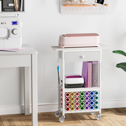 Snughome Craft Cart Compatible with Cricut Maker, Craft Organizers and Storage Table for Cricut Cart with Wheels, Drawer and 28 Vinyl Roll Holders, White, 23.6"(L) x 9.5"(D) x 31.7"(H)