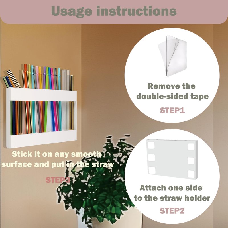 Acrylic Straw Holder for Cabinet Door with Double Sided Adhesive Tape, Tall Drinking Straws Dispensers, Reusable Straw Organizer Kitchen Storage Accessories for Cupboard, Counter (White)