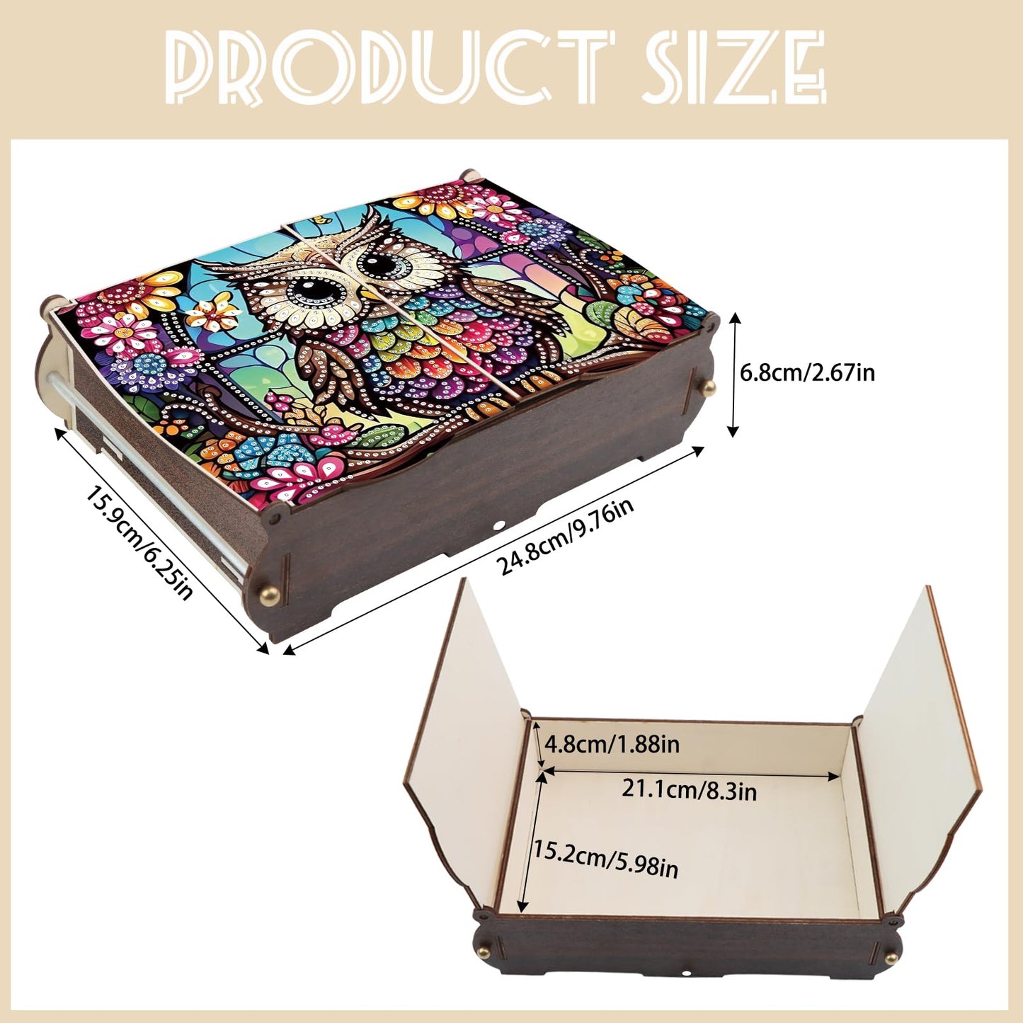 antor DIY Diamond Painting Wooden Storage Box, Owl Creative Special Shaped Rhinestone Art Flip Cover Jewelry Organizer Gift Case, Handmade Art Desktop Decor