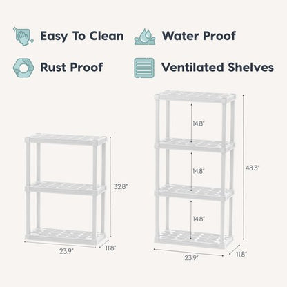 IRIS USA 4-Shelf Light Duty Plastic Storage Shelves, 200lb Capacity, 48" H x 24" W x 12" D, Medium Modular Shelving Unit Storage Organizer for Bathroom, Laundry, Garage & Home, Storage Rack - White