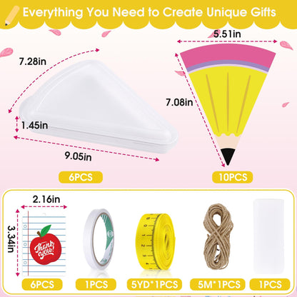 6 Set 9.05*7.28 in Large Teacher Appreciation Gifts Box with Apple Cards Ruler Ribbon Mesh, Back to School Reusable Pizza Storage Containers, Pencil Shaped Gift Box for Wrapping Teacher Appreciation