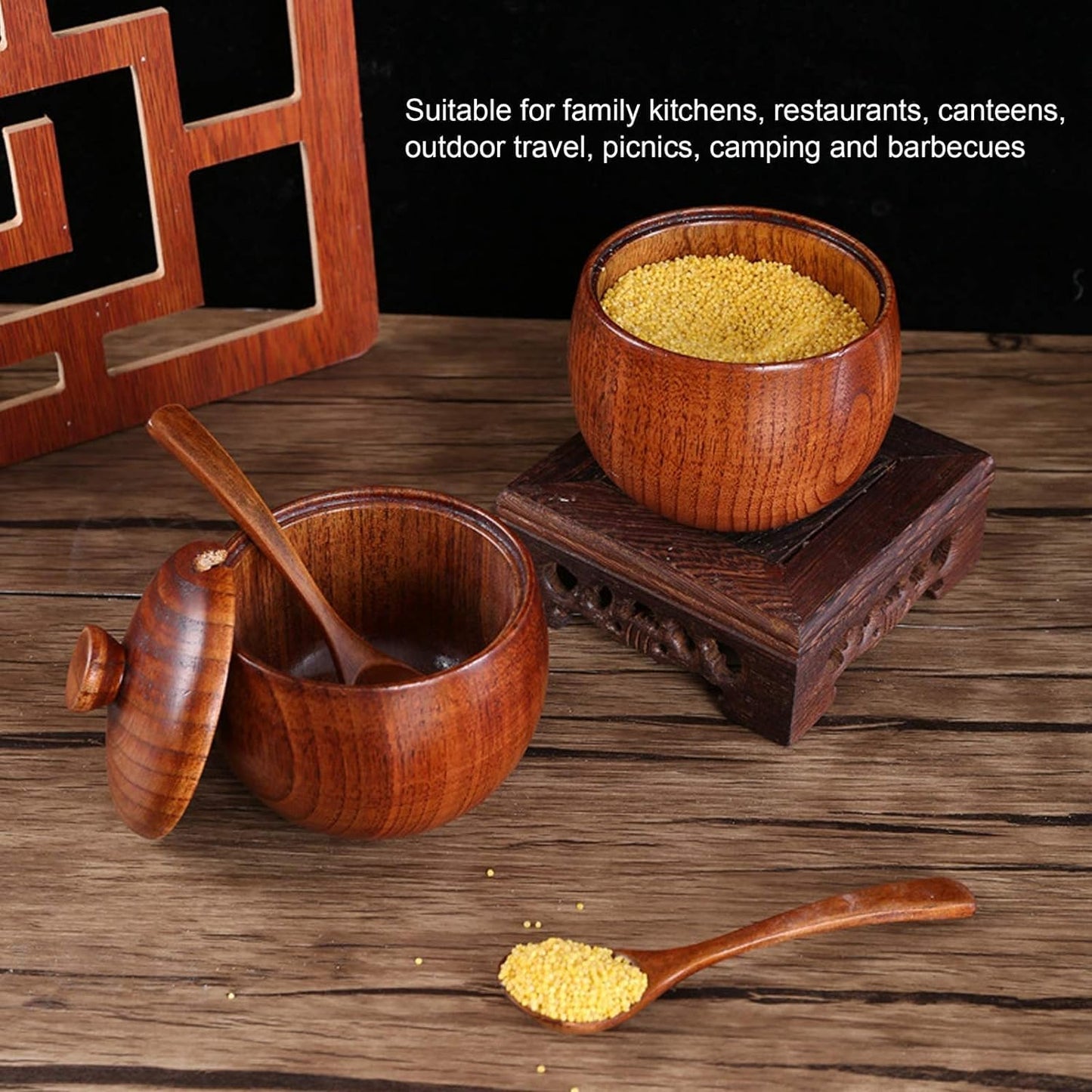 AYNEFY Solid Wood Spice Jar, Sugar Salt Pepper Storage Bowl with Spoon and Lid for Home Restaurant Food Shop