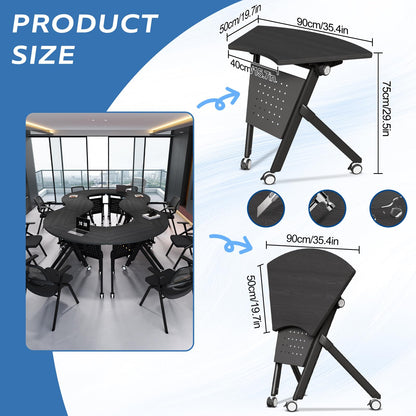 JFazzruit Folding Conference Table,Fan-Shaped Conference Room Tables with Wheels, Mobile Modular Seminar Meeting Desk for Classrooms,Office & Seminar (6, Fan-Black)