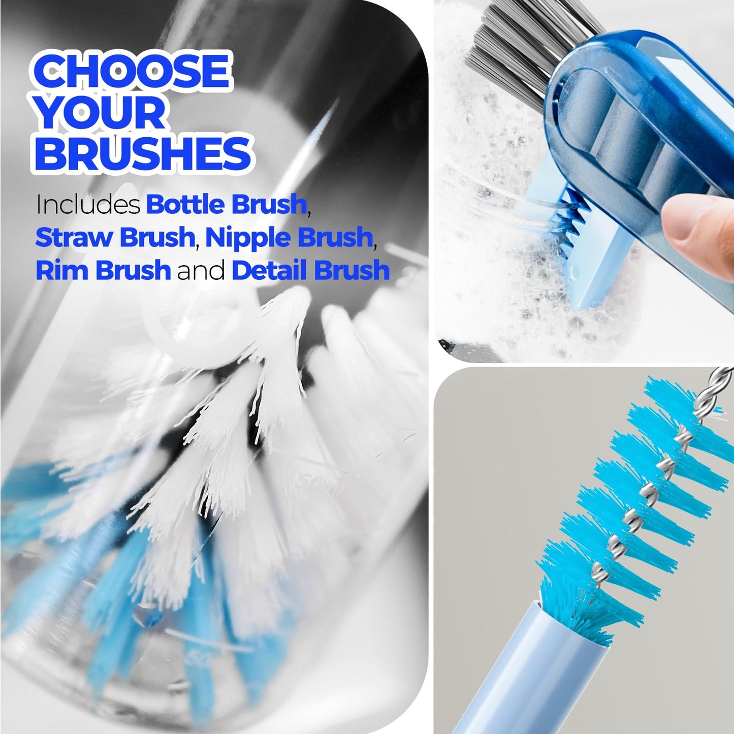 Holikme 6 Pack Brush Set, 14" Long Handle Stainless Steel Cleaner, 3 Straw Brushes, 4-in-1 Cleaning Brush for Water and Baby Bottles Straws, Aqua