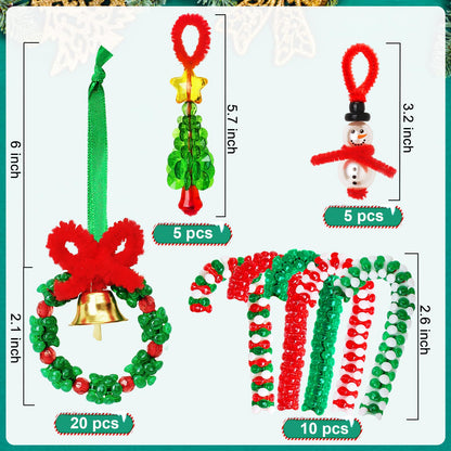 AWHETIE Christmas Crafts for Kids and Adults, 40 Sets Beaded Ornament Kit with 20 Wreaths with Bell, 5 Snowman, 5 Trees, 10 Candy Canes, Holiday Decorations