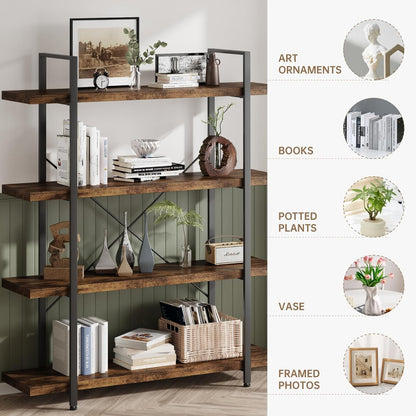 OtterOasis Bookshelf Set, Heavy Duty 4-Tier Industrial Bookcase, 47" Wide Wood Bookshelf for Home Office, 120lbs Shelf Capacity, Rustic Open Display with Horizontal Shelf for Living Room Bedroom