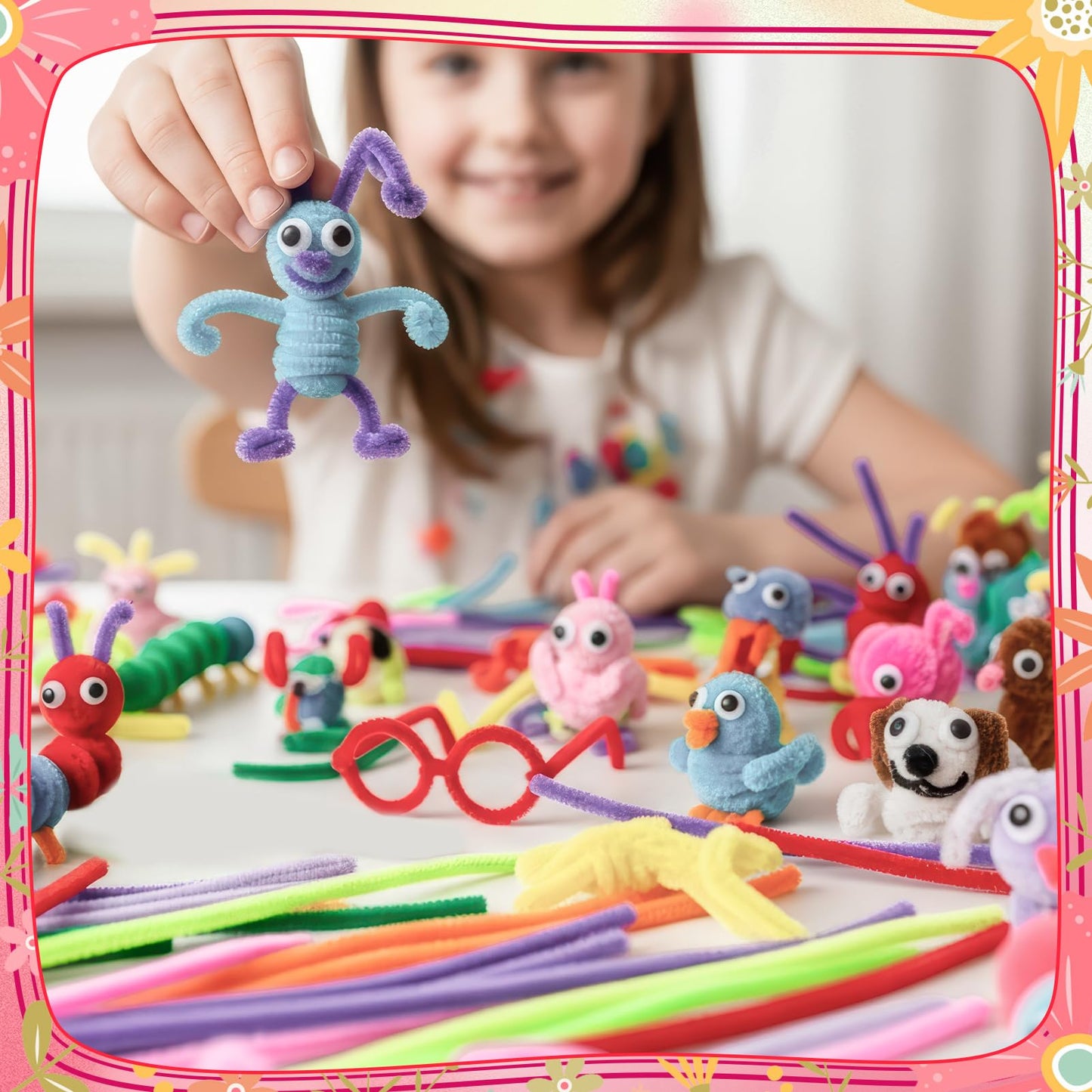 Ovveroche 1000 PCS Pipe Cleaners Craft, Pipe Cleaner Bulk Flower Kit with Handle, 7 Colors Chenille Stems Flower Making Kit with Floral Wires, Gardening Tape, Stamen, Ribbon for Art Craft Supplies