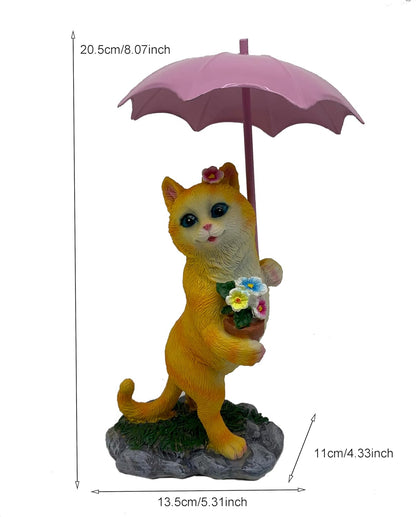 Yaoemei Cat Statue, Garden Kitty Cat Sculpture Holding Flower Pot with Umbrella, Outdoor Cat Home Decor for Yard Patio