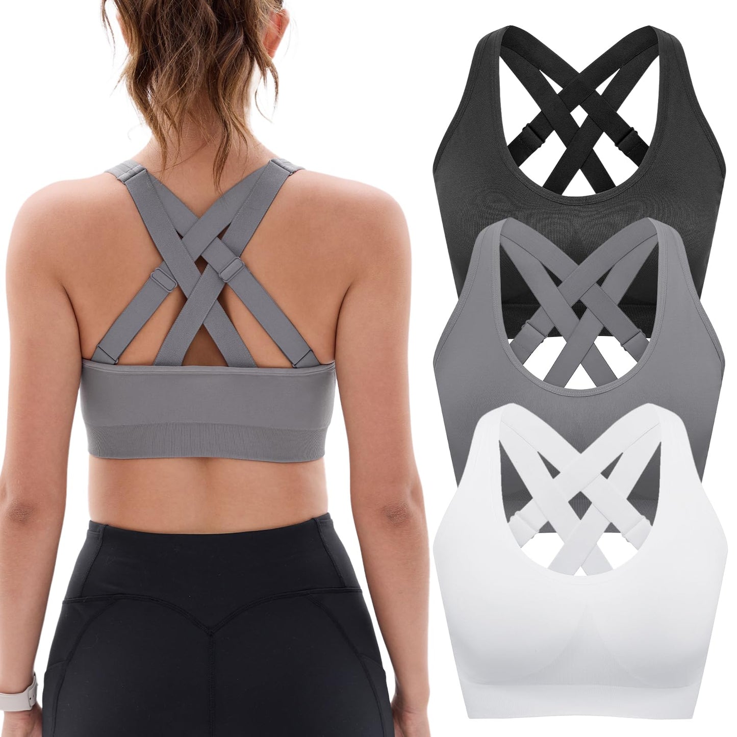 Sports Bras for Women High Support: Padded Workout Strappy Criss Cross Back Running Yoga Gym Seamless Medium Impact Push Up Crazy Girl Plus Size Bra 3 Pack Top Multipack Large Bust Breast White Black