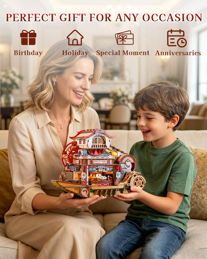 Nautical Sushi 3D Puzzles for Adults, 425PCS Wooden Mechanical Model Building Kit with Music and Lights, Miniature House Kit, Unique Home Decor Craft Gifts for Christmas Birthday Father's Day