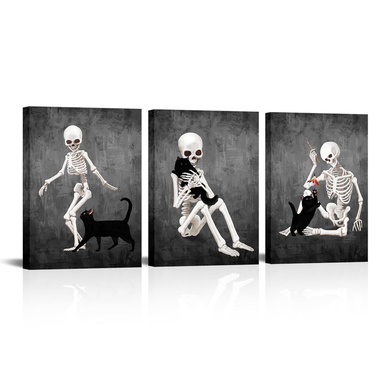 Kalormore Halloween Wall Decor Black and White Skeleton Canvas Wall Art Funny Skull with Cat Painting Prints The Day Of Dead Picture Framed Artwork Ready to Hang (12"x16"x3pcs)