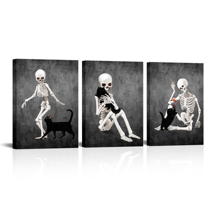 Kalormore Halloween Wall Decor Black and White Skeleton Canvas Wall Art Funny Skull with Cat Painting Prints The Day Of Dead Picture Framed Artwork Ready to Hang (12"x16"x3pcs)