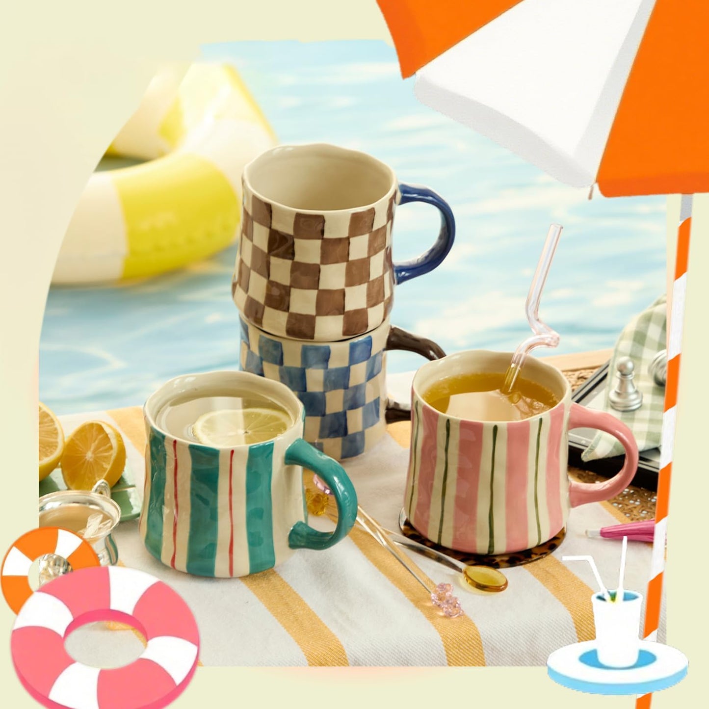 16Oz Home-4pack Retro Checkered Ceramic Coffee Mug - Extra Large Handle, Microwave Safe Vintage Patterned Tea Cup