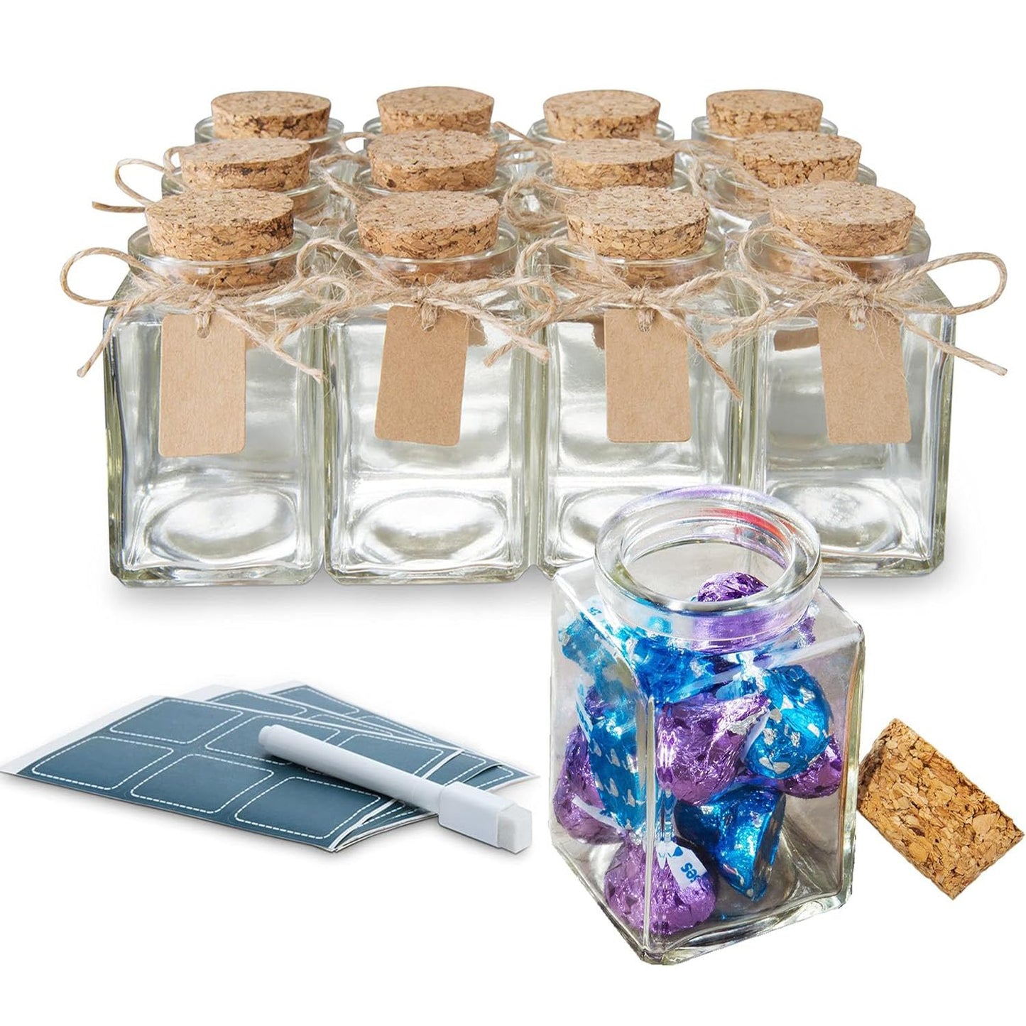 12 Pack Empty Candle Jars, 100ml Mini Square Glass Bottles with Stoppers, Mini Jars w/Cork Lids for Crafting Candles, Wedding Favours & Potions
