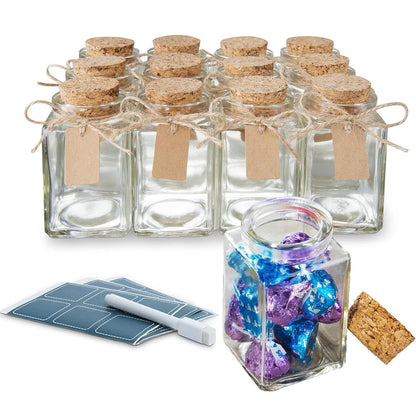 12 Pack Empty Candle Jars, 100ml Mini Square Glass Bottles with Stoppers, Mini Jars w/Cork Lids for Crafting Candles, Wedding Favours & Potions