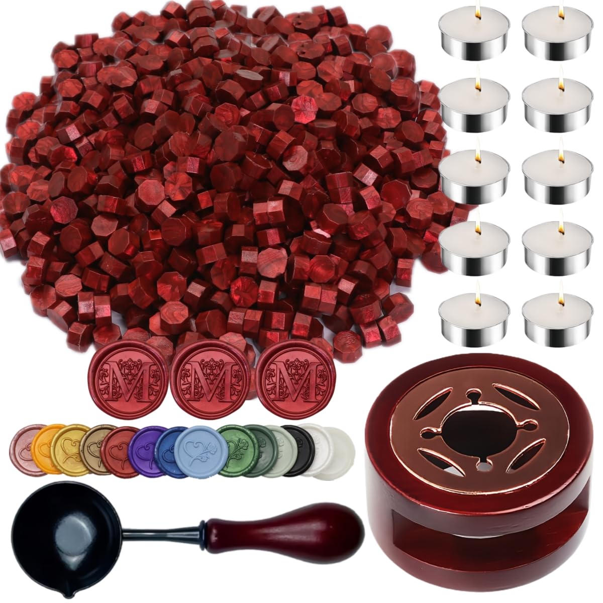 Wine Red Sealing Wax Beads, ONWINPOR 400pcs Wax Seal Kit with Warmer, Non-Slip Spoon, Candles for Envelopes, Stamp Letter Seal,Wedding Invitations (Wine Red)