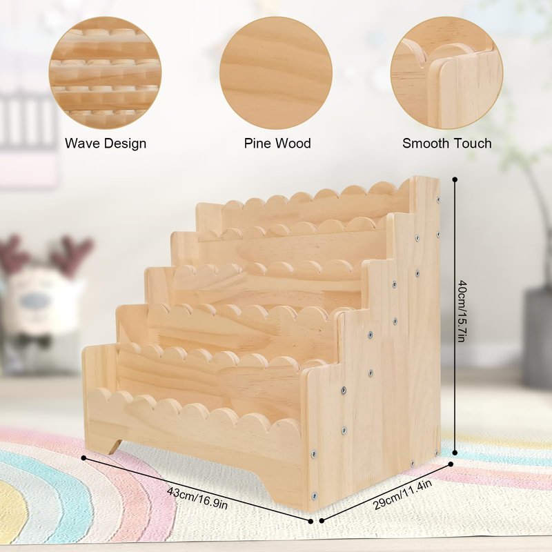 5 Tier Small Wooden Scalloped Shelf for Toddler 1-5 Years, Kids Bookshelf Children Montessori Bookshelf, Durable Baby Toddler Bookcase for Nursery Playroom, 16.9*11.4*15.7"