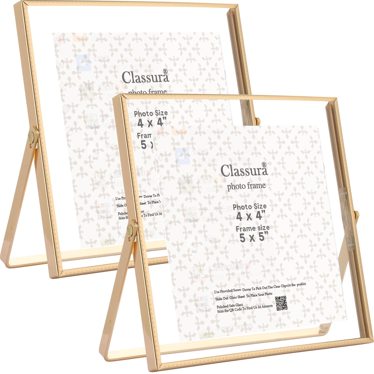 Classura Gold 5x5'' Square Floating Frame Set of 2,For Photo Sizes (3x3''& 4x4''),Beautiful Metal Beaded Edge Frames Adjustable Tabletop/Shelf Photo Frame,Classy Gift Choice for Wedding,Chrismas