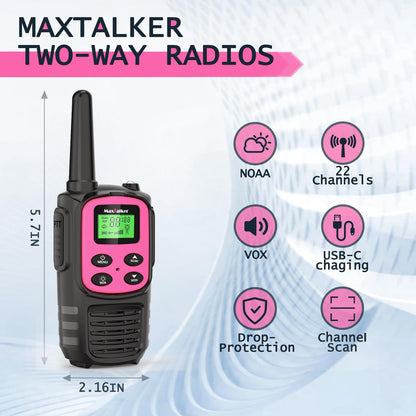 Walkie Talkies Long Range for Adult, MT10 Rechargeable Walkie Talkies FRS Two Way Radio, NOAA, 1200mAh Li-ion Battery USB-C Cable, LED Flashlight, VOX Walkie Talkie for Hiking Camping 2Pack