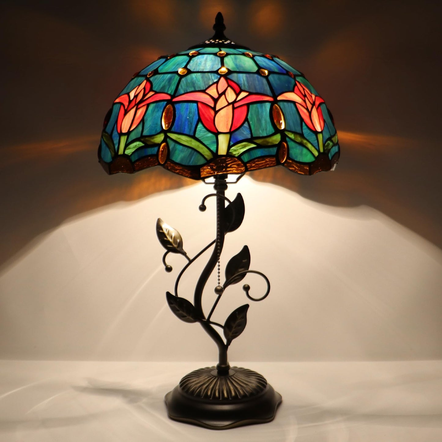 LXHCYOU Tiffany Table Lamp, Stained Glass Desk Light, W12H19 Inch, Metal Leaf Base (Tulip Style)