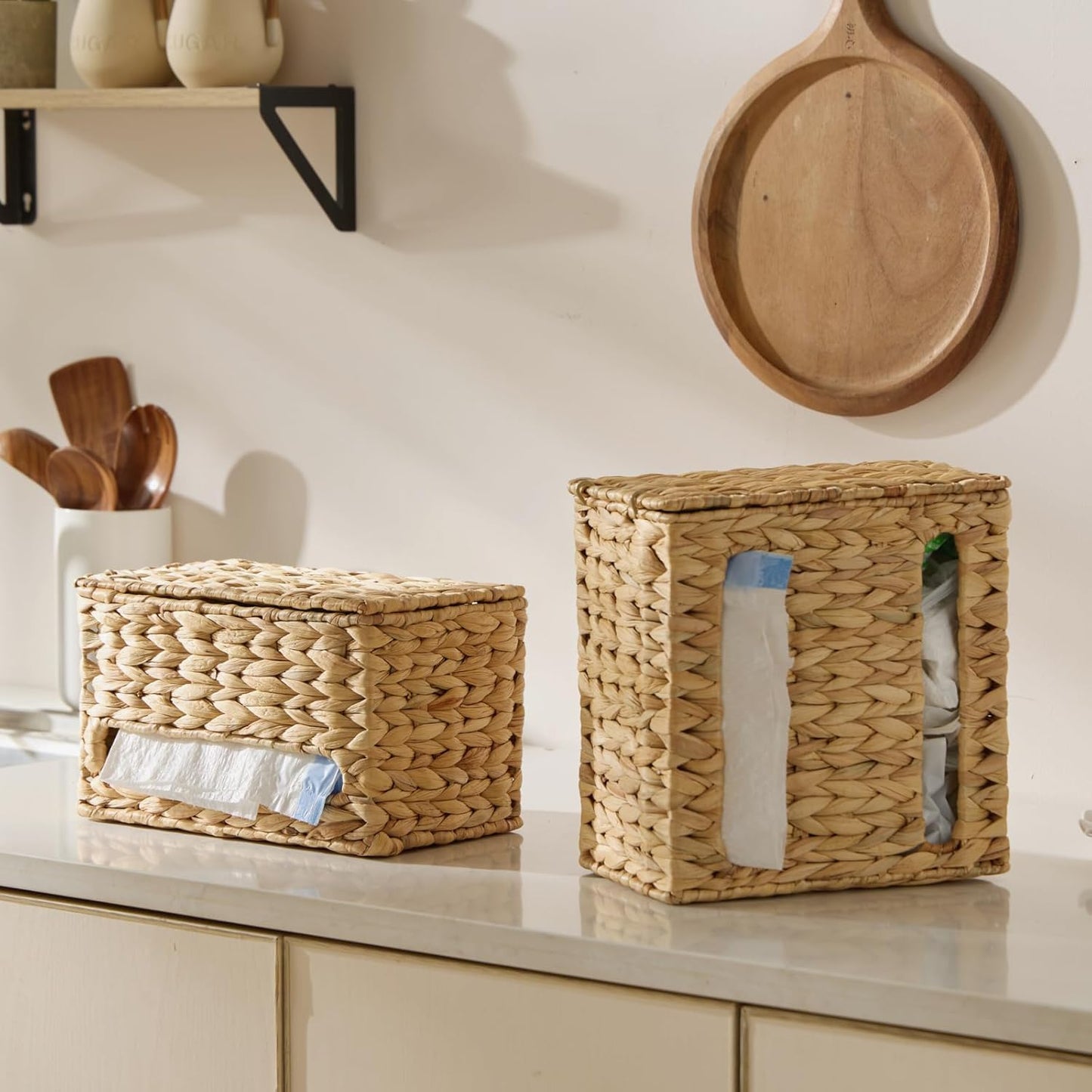 Countertop YANGQIHOME Trash Bag Dispenser with Lid, Water Hyacinth Plastic Bag Holder & Grocery Bag Holder for Kitchen