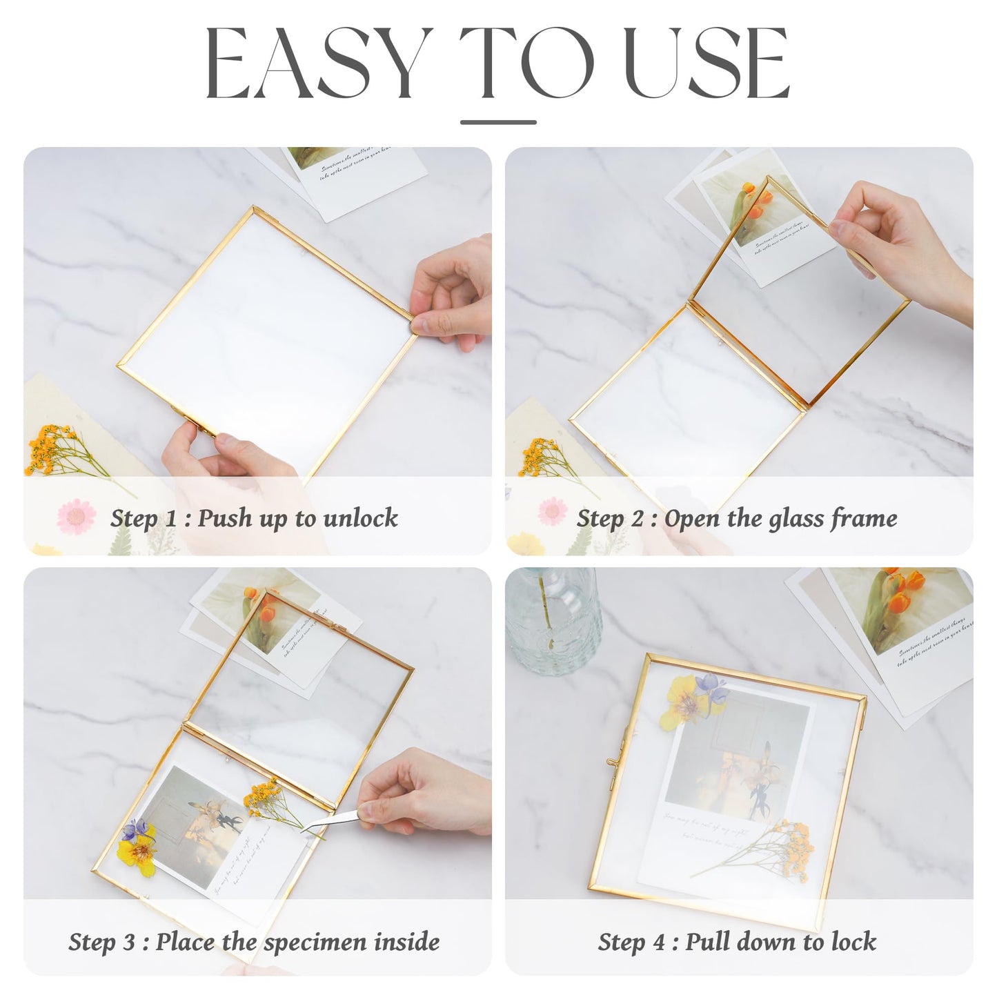 REDHUGO Double Glass Frame for Pressed Flowers Handmade, Tabletop Photo Frame for Floating Picture and Flower Press, Simple, Metal Geometric, Square, Gold, 4x4 Inches