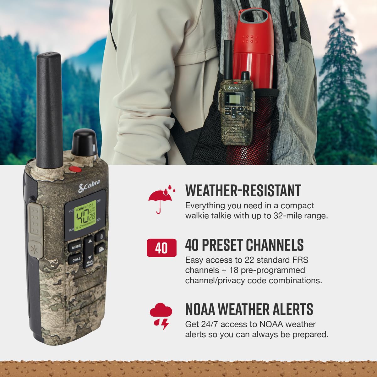 Cobra RX680 Walkie Talkies (2-Pack) - Rugged & Splashproof Two Way Radios Long Range, IP54 Water Resistant Design, 60 Pre-Programmed Channels, Weather Alerts, Included Charging Dock (Black/Orange)