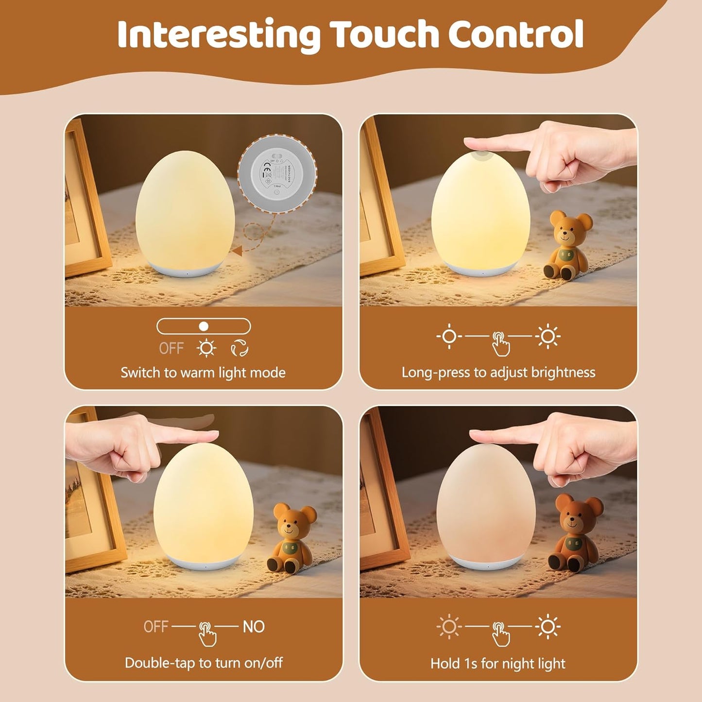 MediAcous Night Light - Soft Silicone Touch Egg Lamp with 7 Color Options & Dimming | Rechargeable Nursery Light