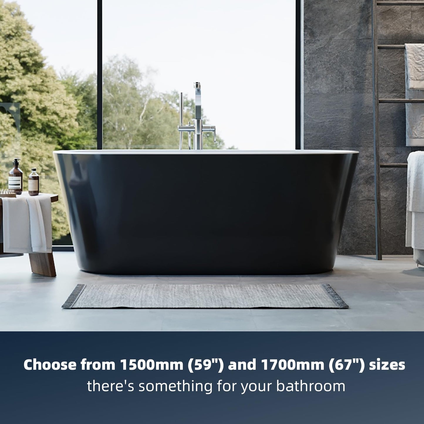 59" Free Standing Tub, Acrylic Soaking Bathtub, Stand Alone Freestanding Tub with Matte Sliver Drain and Overflow, Contemporary Bathtub for Bathroom, Black