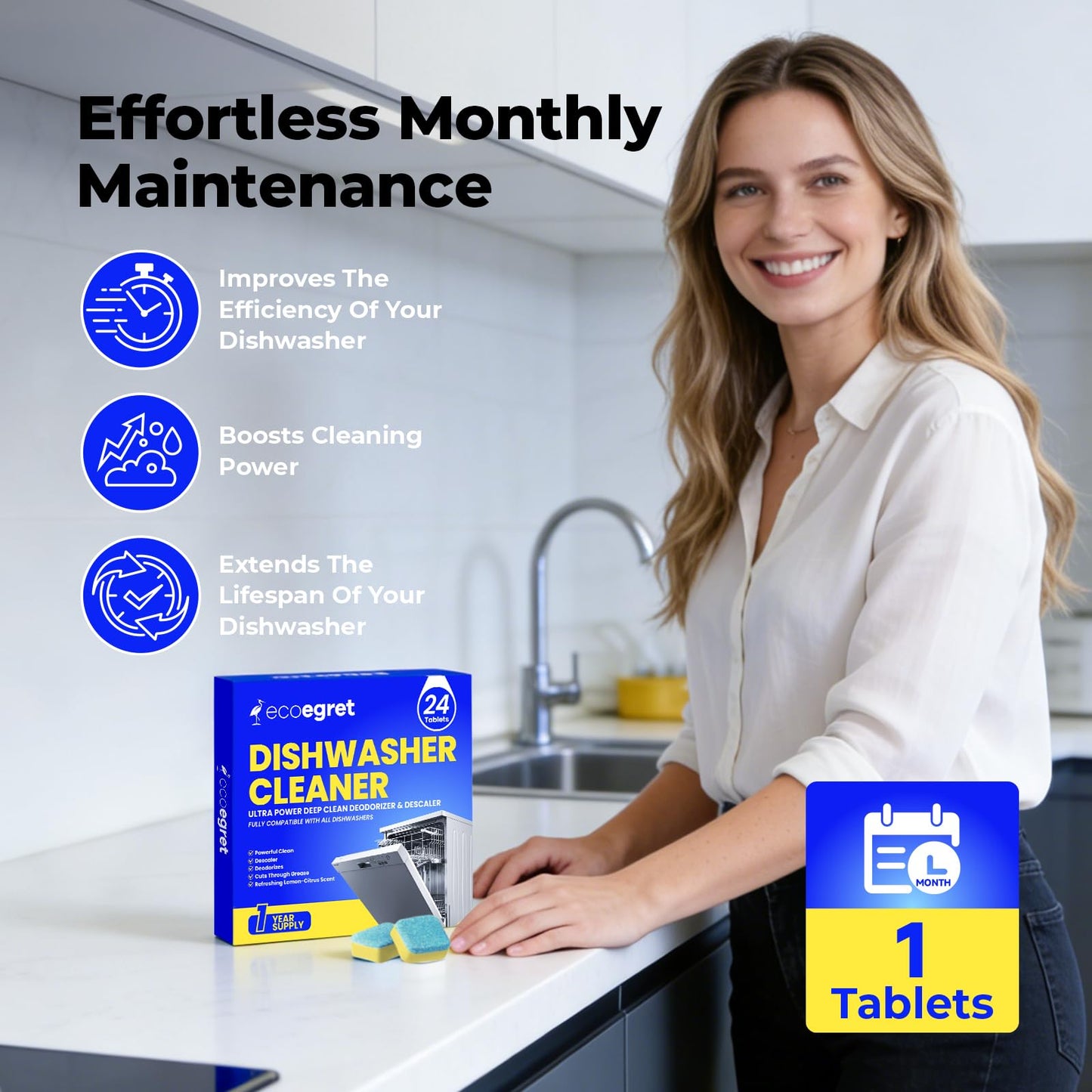 EcoEgret Dishwasher Cleaner Tablets (24 Count) - with Fresh Lemon Scent Dishwasher Cleaner and Deodorizer, Deep Cleans & Descales, Fits All Dishwashers, Septic Safe, 12 Month Supply