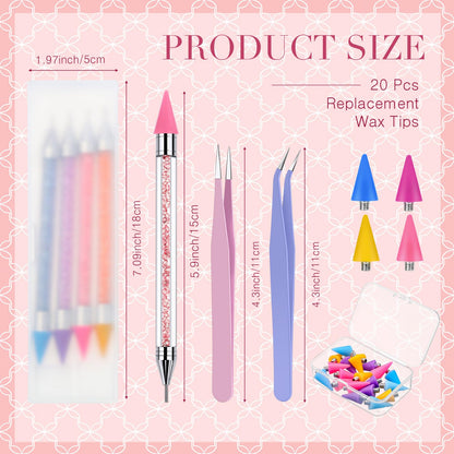 Tatuo 4 Set/26 Pcs Rhinestone Picker Tool Dotting Pen Dual-ended Nail Art Rhinestones Applicator Gems Crystals Beads Picker Wax Pencil with 20 Wax Head 2 Tweezers DIY Nail Art Tool(Pastel)