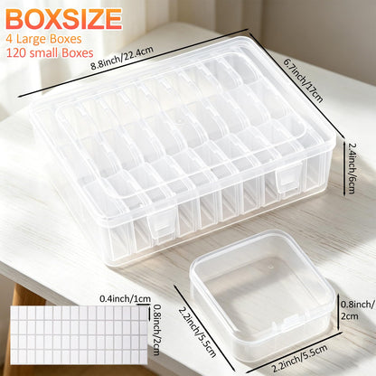 124Pcs Bead Storage Containers,Clear Plastic Bead Organizer Boxes with 128 Stickers for Diamond Painting Accessories Seed Jewelry Charms DIY Craft(4 Large Boxes and 120 Small Boxes)