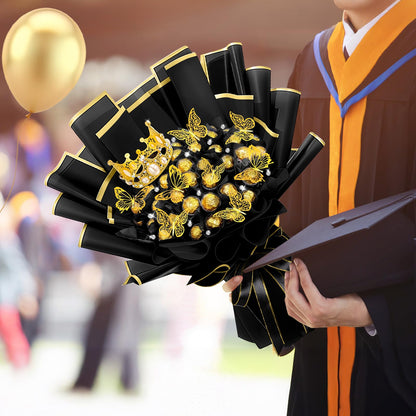 Funnymoom 109 Graduation DIY Chocolate Flower Bouquet Kit 2026 Candy Rose Clear Acrylic Lollipop Ball Holder Floral Wrapping Paper 3D Gold Butterfly Crown Ribbon Grad Gift(Black and Gold)