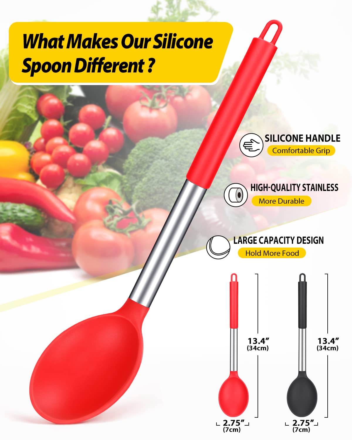 Pack of 2 Large Silicone Cooking Spoon Non Stick Solid Basting Spoons Heat-Resistant Kitchen Utensils for Mixing Serving (Black-Red)