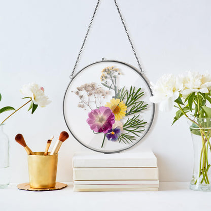 Qunclay 4 Pcs Double Glass Frame for Pressed Flowers Round Hanging Herbarium Floating Flower Press Frame Clear DIY Vintage Artwork Display holder(4 Inch,Black)