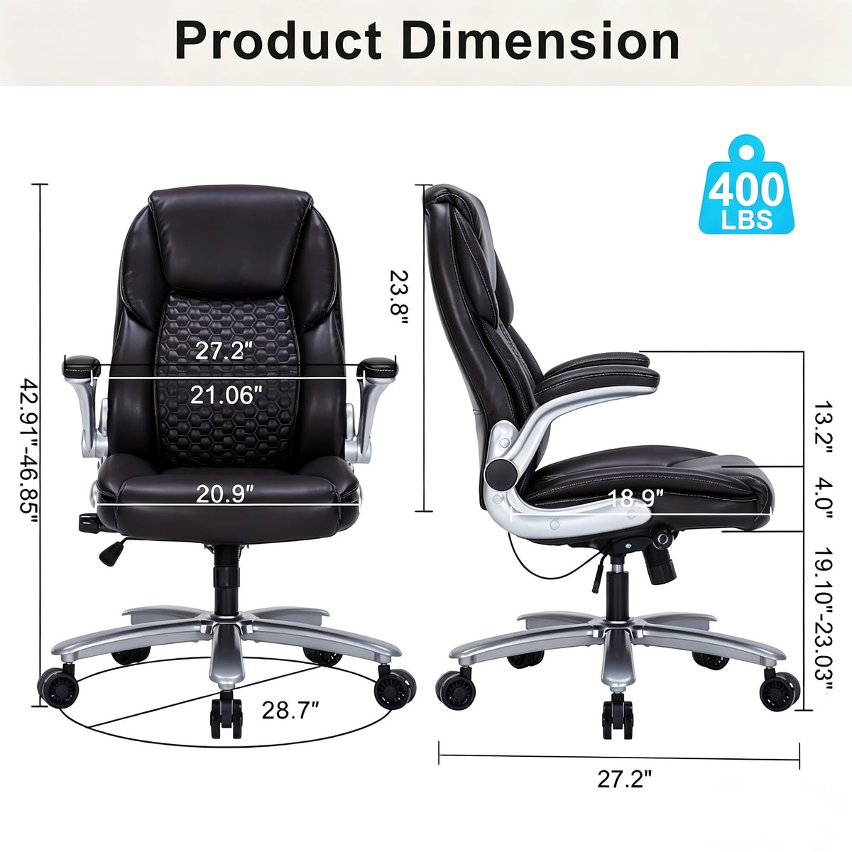 ZLHECTO Big and Tall Office Chair, Ergonomic Desk Chair with Flip-up Arms, PU Leather Office Chair for Home Office, Computer Chair with Adjustable Lumbar Support, Space Saving Executive Task Chair