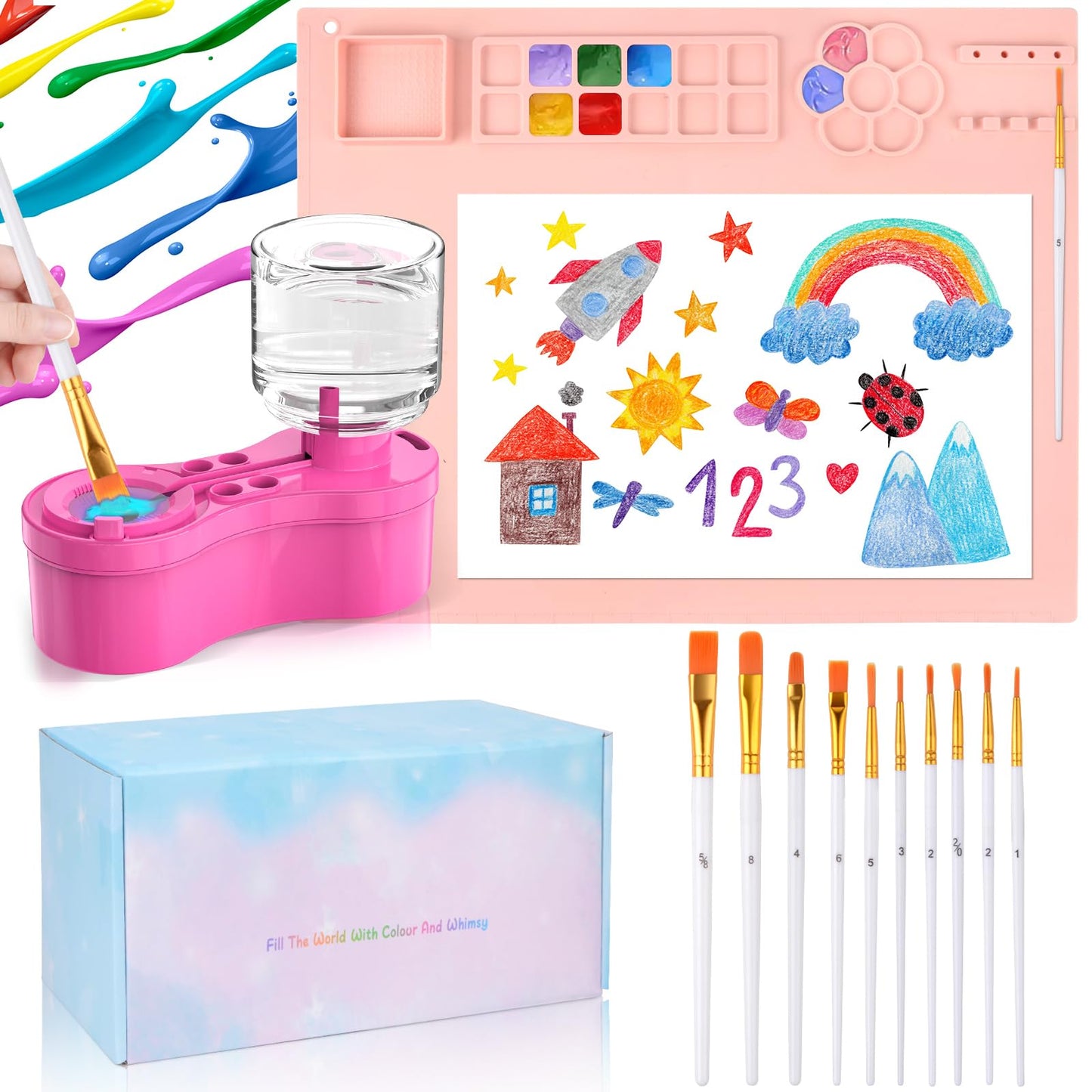 Mikiwon Painting Station, Paint Brush Cleaner and Silicone Art Mat 20"X16" with 10 Paint Brushes, Paint Brush Rinser, Art Supplies Set (Pink)