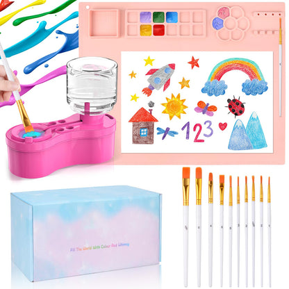 Mikiwon Painting Station, Paint Brush Cleaner and Silicone Art Mat 20"X16" with 10 Paint Brushes, Paint Brush Rinser, Art Supplies Set (Pink)