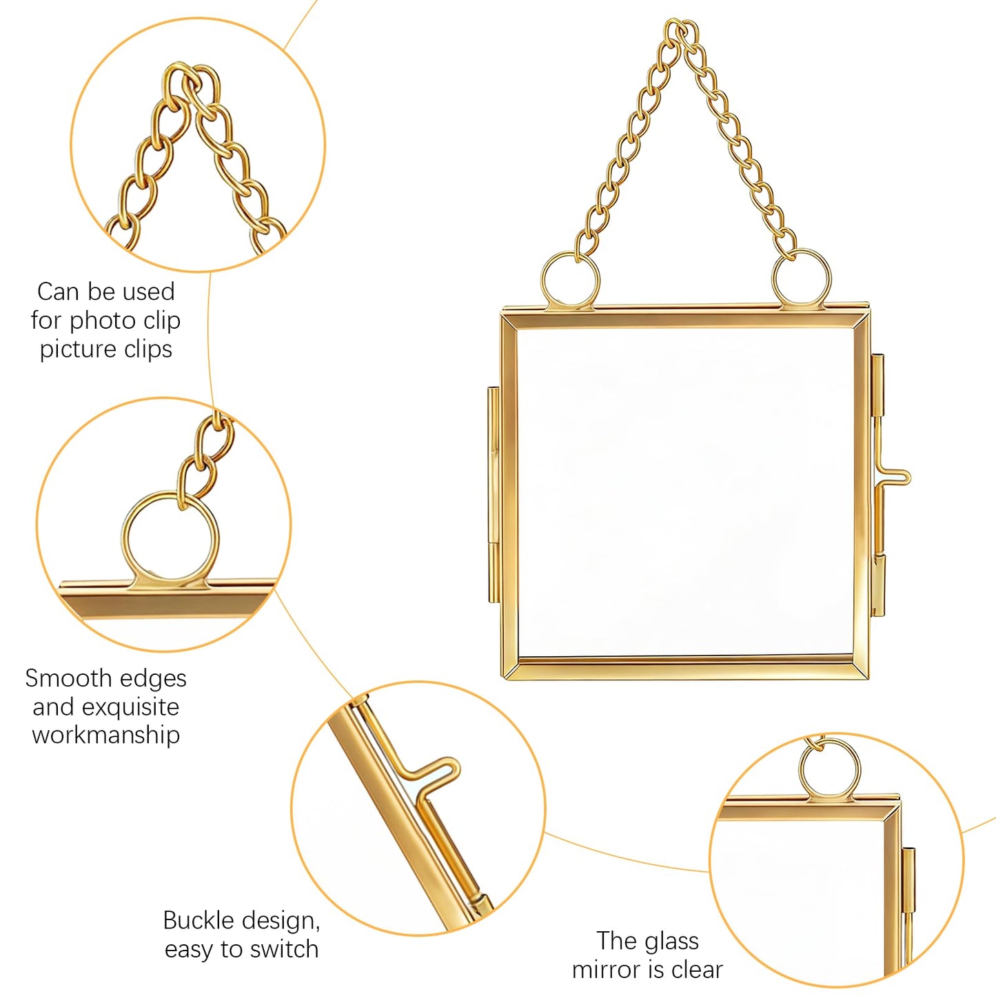Orepzinc 4 Pcs Mini Brass Wall Hanging Photo Frame, Square Glass Hanging Picture Artwork Display Frame, Double Glass Floating Frame Style Gallery Wall for Picture, Pressed Flower (3.5x3.5 inch)