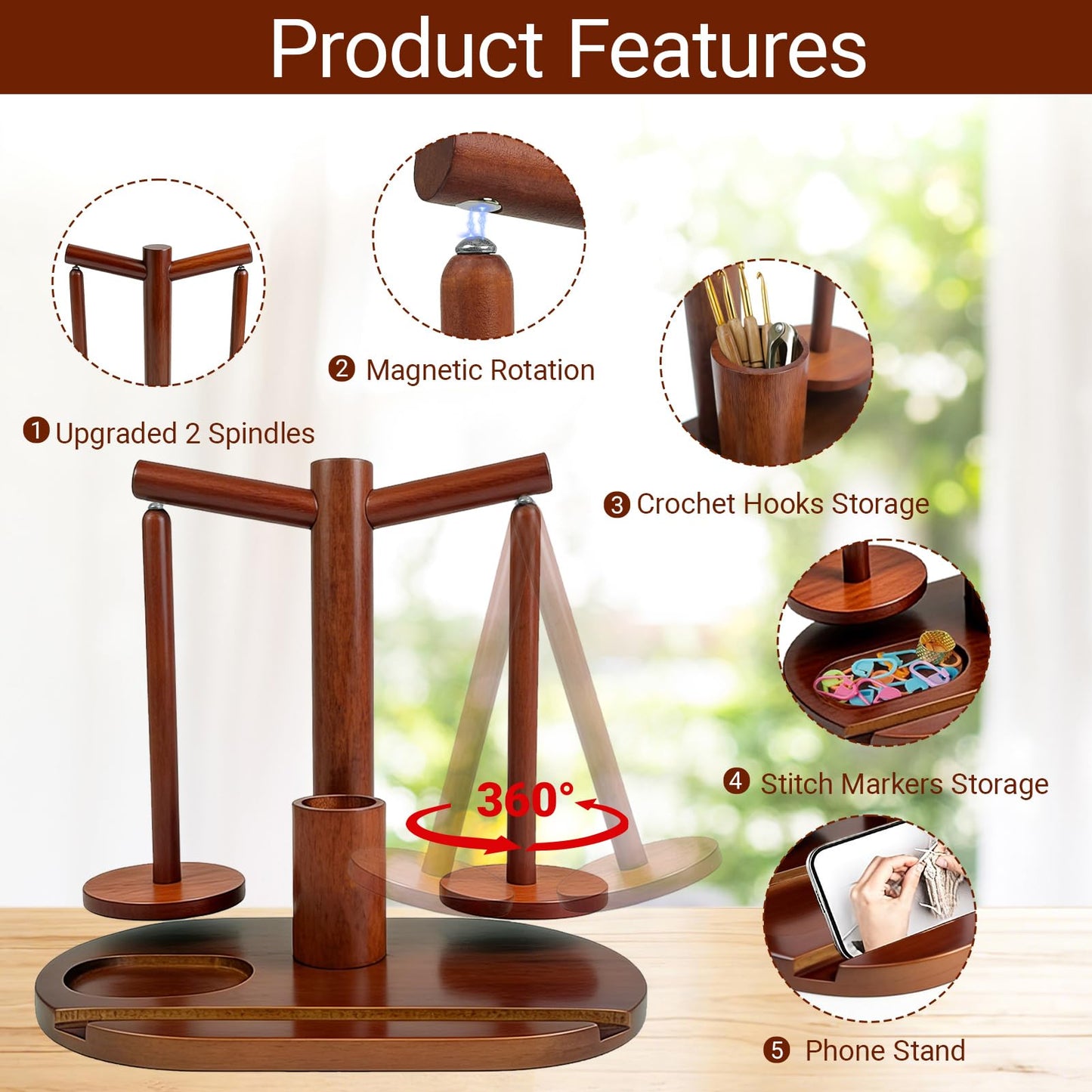 Lemosyu Wooden Yarn Holder for Crocheting and Knitting, Magnetic Rotating Yarn Spinner with 2 Spindles, Crochet Accessories Storage & Phone Stand, Perfect Gift for Knitters, Women, Mom, Grandma