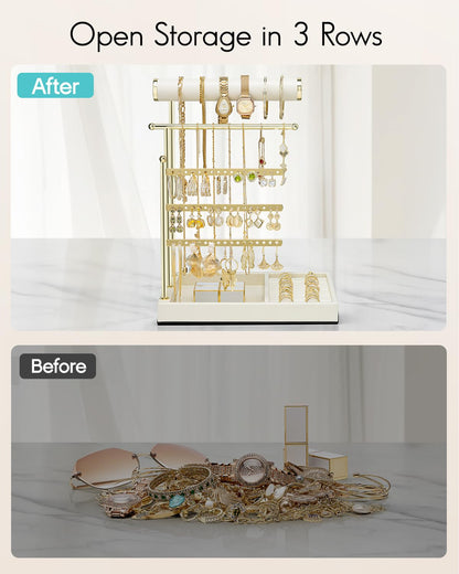 VLANDO Jewelry Stand Organizer with Ring Holder Tray, Necklace and Earring Storage for Bracelets, Watches and Rings, PU Leather Covered Wooden Tray with Gold Metal Frame - Beige